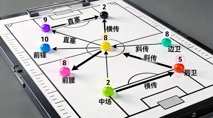 足球战术板上标注球员站位与传球路线的分析示意